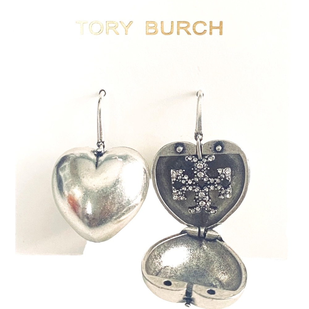 NEW Tory Burch SILVER Hidden Heart Locket Drop Earring Set $225